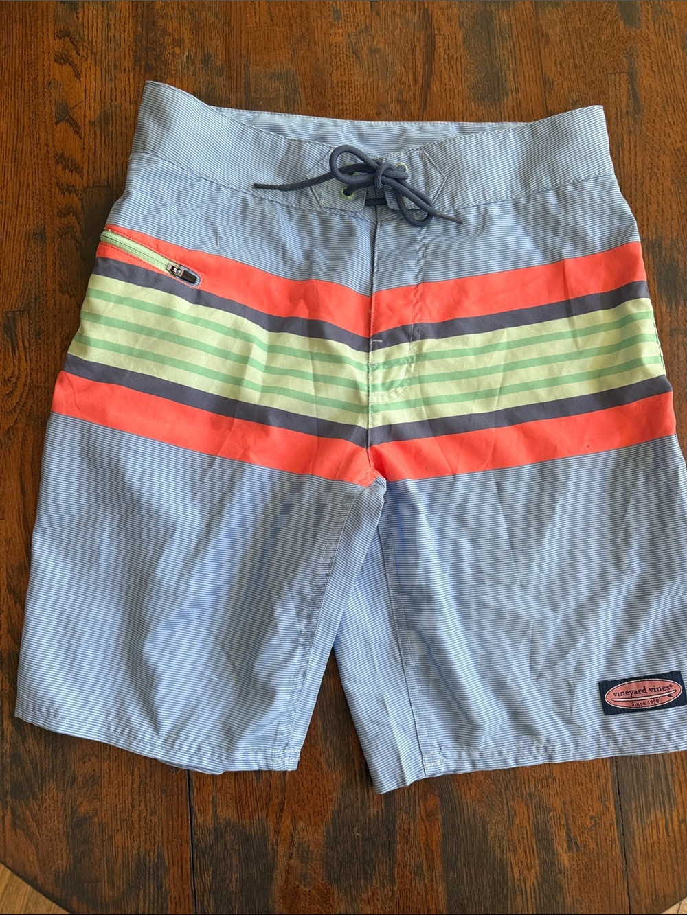 Vineyard Vines Light Blue Swim Board Shorts with Coral and Mint Stripes